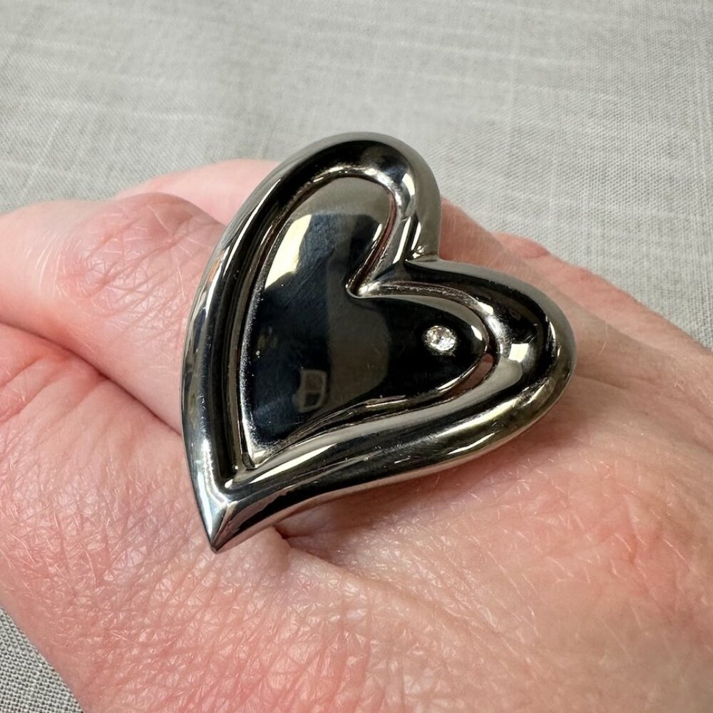 Stately Steel Heart Ring with Simulated Diamond